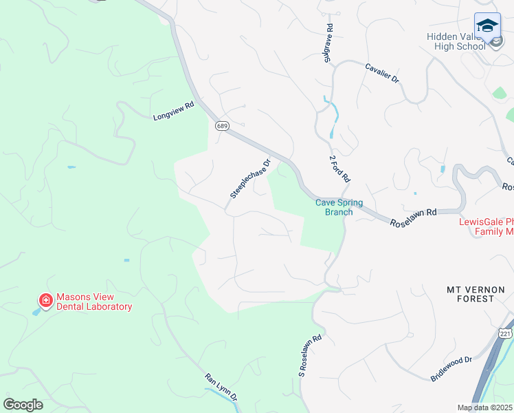 map of restaurants, bars, coffee shops, grocery stores, and more near 6140 Steeplechase Drive in Roanoke