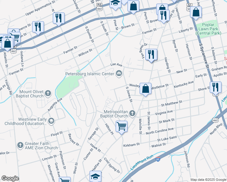 map of restaurants, bars, coffee shops, grocery stores, and more near 706 Mount Airy Street in Petersburg