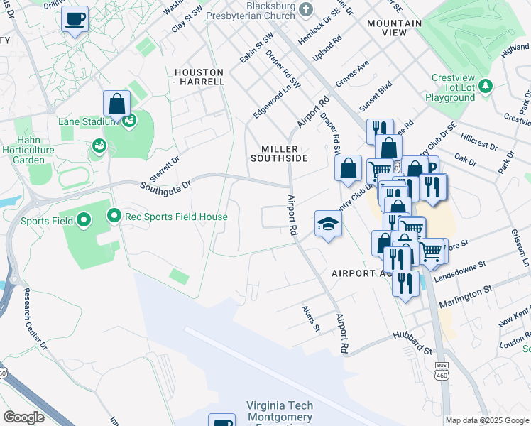 map of restaurants, bars, coffee shops, grocery stores, and more near The Link in Blacksburg