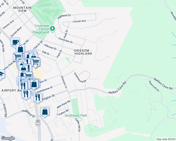 map of restaurants, bars, coffee shops, grocery stores, and more near 609 Landsdowne Drive in Blacksburg