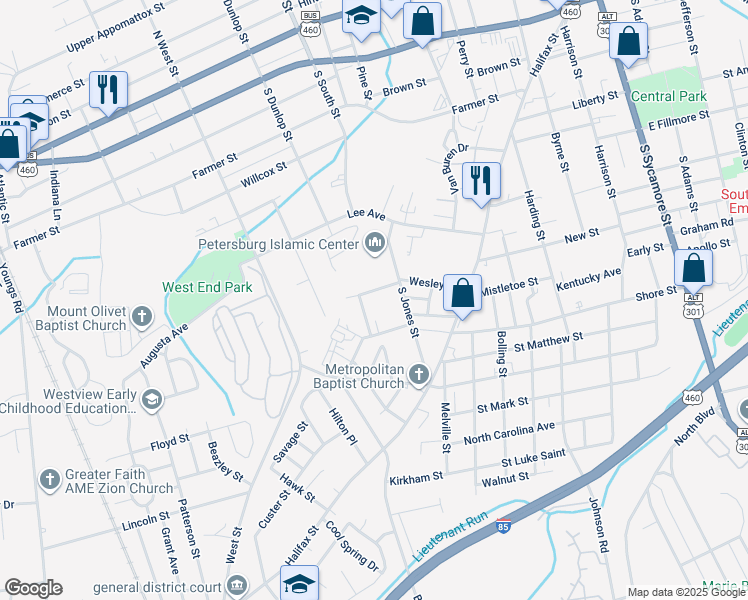 map of restaurants, bars, coffee shops, grocery stores, and more near 836 Wesley Street in Petersburg