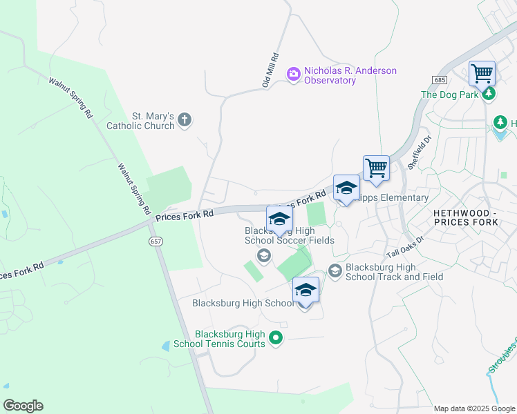 map of restaurants, bars, coffee shops, grocery stores, and more near Prices Fork Road in Blacksburg