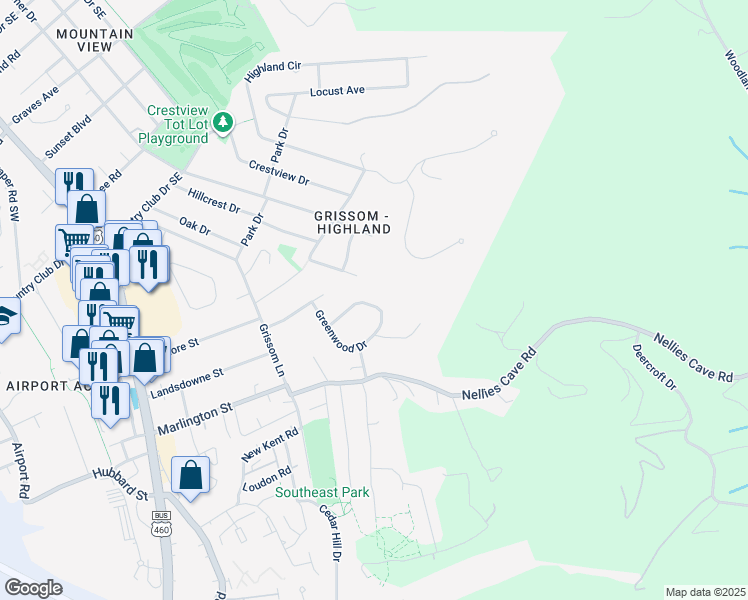 map of restaurants, bars, coffee shops, grocery stores, and more near 609 Landsdowne Drive in Blacksburg