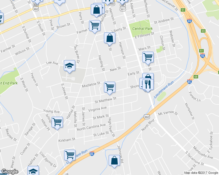 map of restaurants, bars, coffee shops, grocery stores, and more near 727 Harding Street in Petersburg