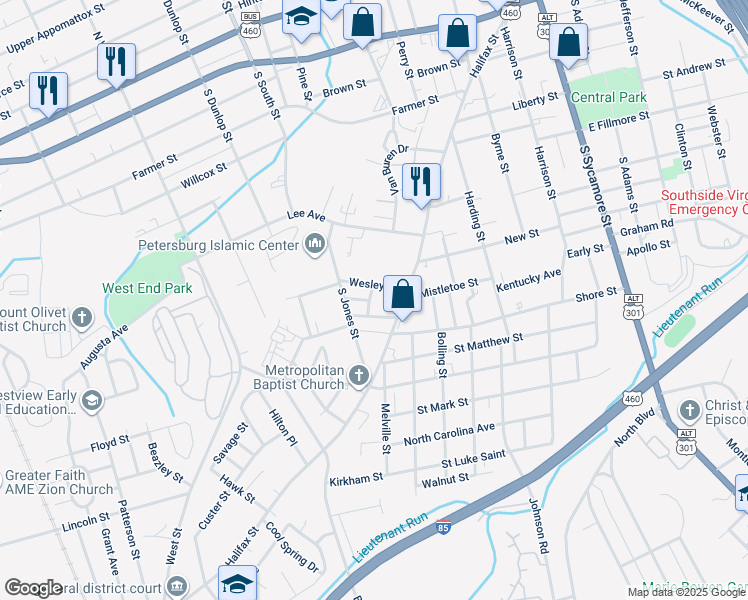 map of restaurants, bars, coffee shops, grocery stores, and more near 717 Federal Street in Petersburg