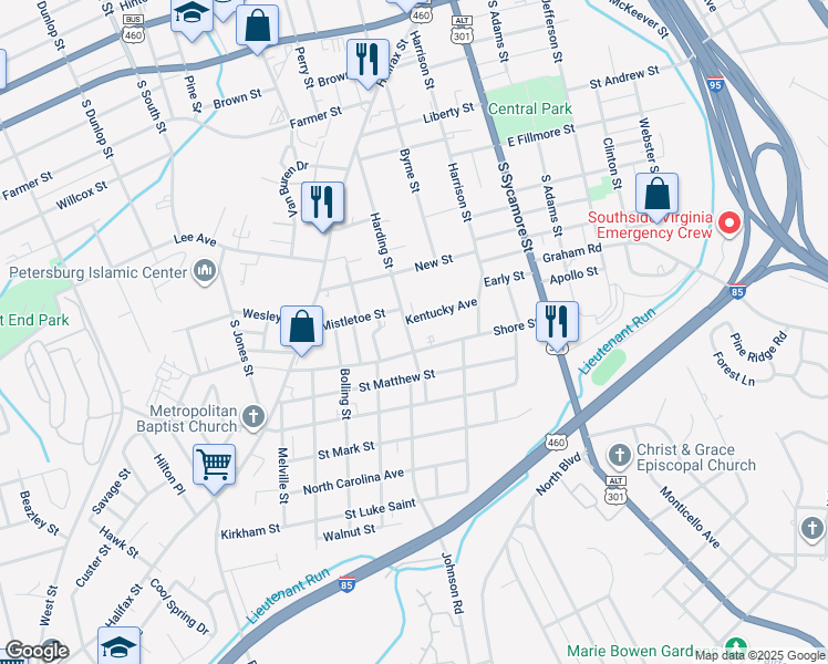 map of restaurants, bars, coffee shops, grocery stores, and more near 711 Harding Street in Petersburg