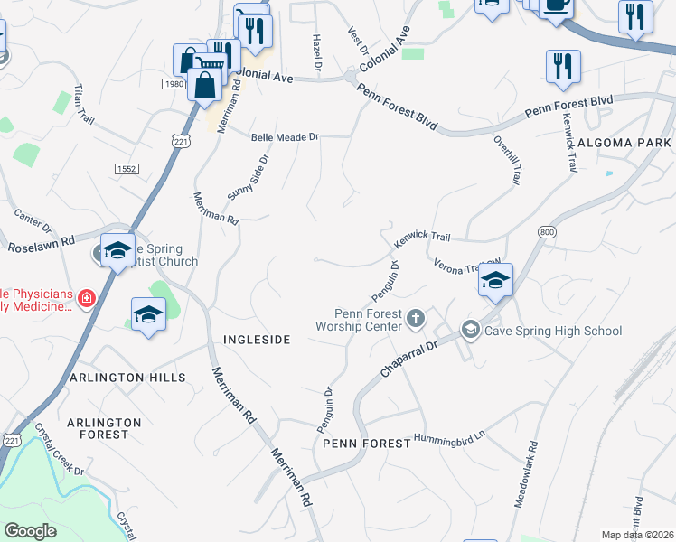 map of restaurants, bars, coffee shops, grocery stores, and more near 3778-3784 Kenwick Trail in Cave Spring