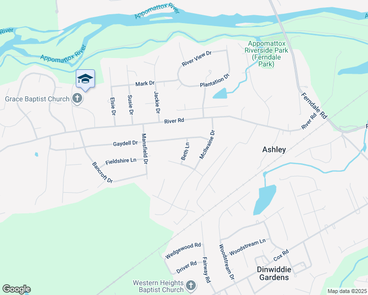 map of restaurants, bars, coffee shops, grocery stores, and more near 4106 Beth Lane in Petersburg