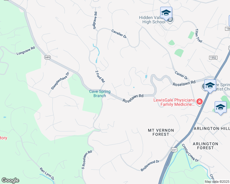 map of restaurants, bars, coffee shops, grocery stores, and more near 5843 Ivy Park Drive in Cave Spring