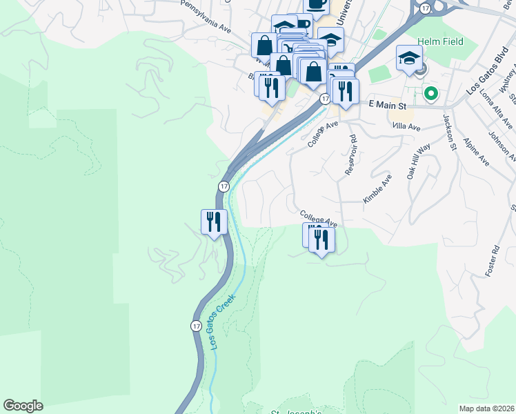 map of restaurants, bars, coffee shops, grocery stores, and more near 132 Euclid Avenue in Los Gatos