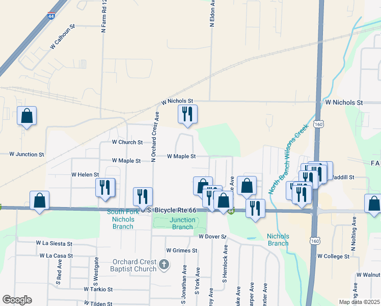 map of restaurants, bars, coffee shops, grocery stores, and more near 702 North Jonathan Avenue in Springfield