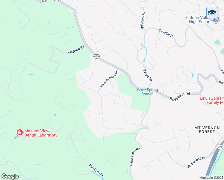 map of restaurants, bars, coffee shops, grocery stores, and more near 6140 Steeplechase Drive in Roanoke