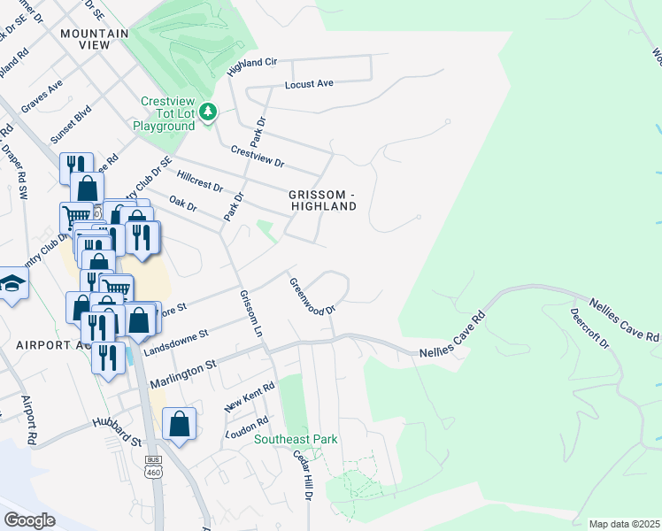 map of restaurants, bars, coffee shops, grocery stores, and more near 607 Landsdowne Drive in Blacksburg