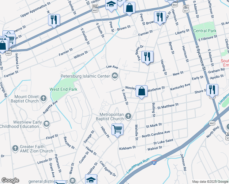 map of restaurants, bars, coffee shops, grocery stores, and more near 836 Wesley Street in Petersburg