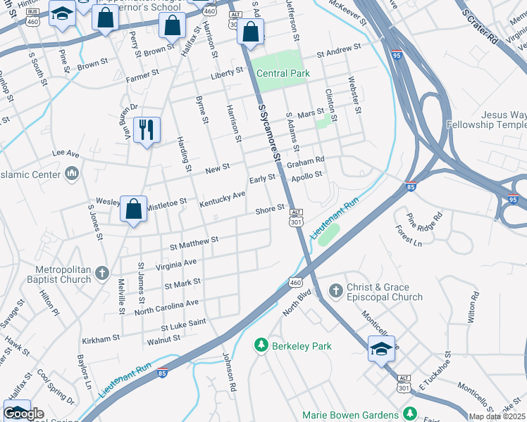 map of restaurants, bars, coffee shops, grocery stores, and more near 112 Shore Street in Petersburg