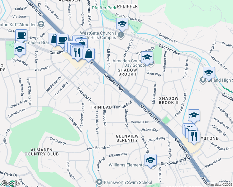 map of restaurants, bars, coffee shops, grocery stores, and more near 6681 Tannahill Drive in San Jose