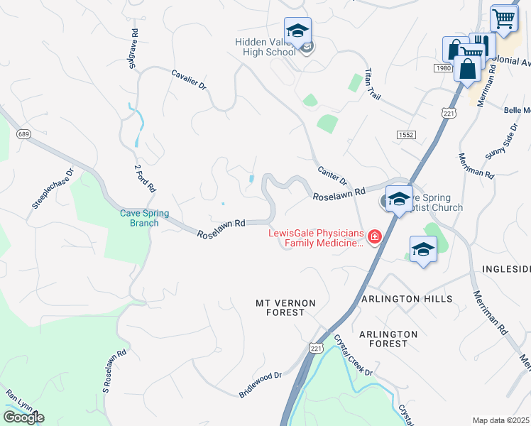 map of restaurants, bars, coffee shops, grocery stores, and more near 5543 Roselawn Road in Cave Spring