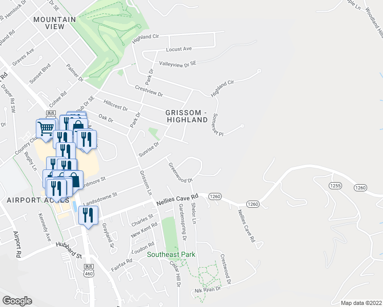 map of restaurants, bars, coffee shops, grocery stores, and more near 607 Landsdowne Drive in Blacksburg
