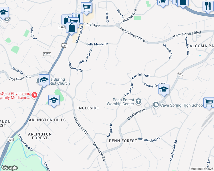map of restaurants, bars, coffee shops, grocery stores, and more near 3786 Kenwick Trail in Cave Spring