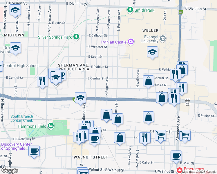 map of restaurants, bars, coffee shops, grocery stores, and more near 817 North Fremont Avenue in Springfield