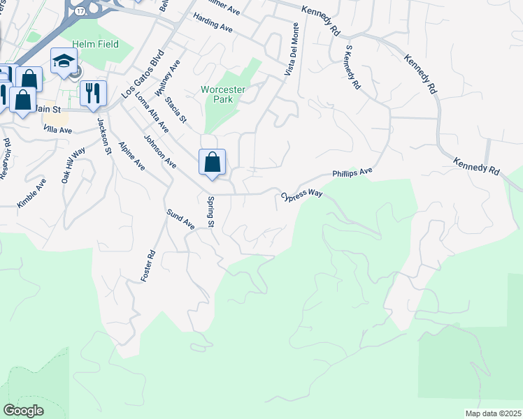 map of restaurants, bars, coffee shops, grocery stores, and more near 16840 Cypress Way in Los Gatos