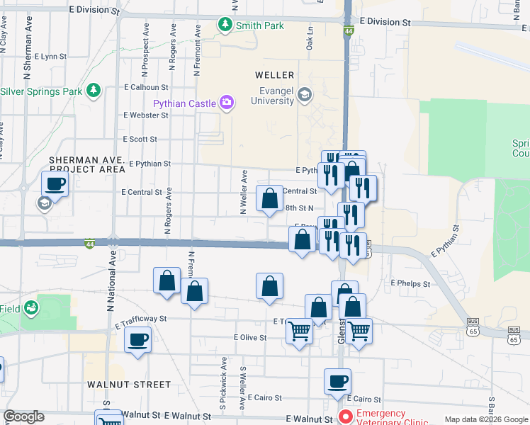 map of restaurants, bars, coffee shops, grocery stores, and more near 1519 East Brower Street in Springfield