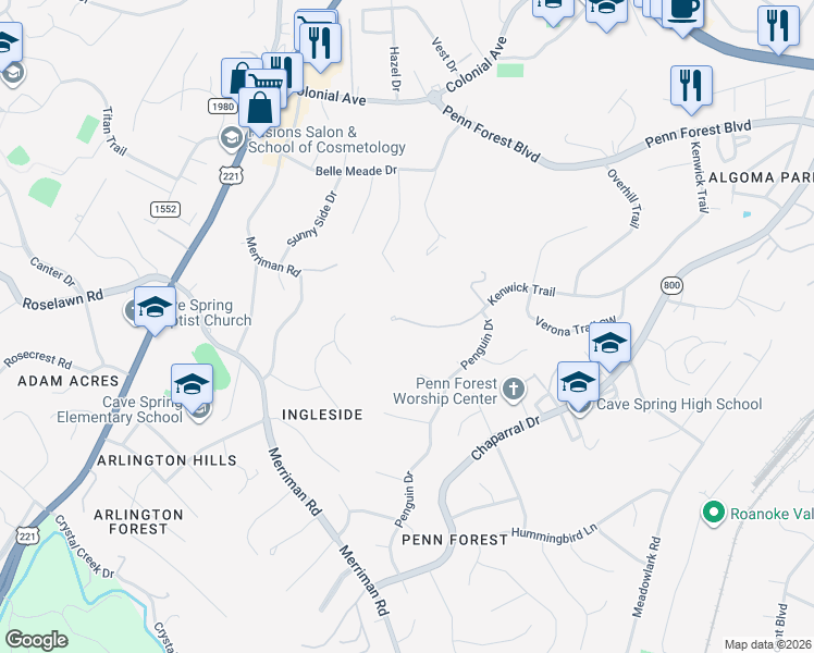map of restaurants, bars, coffee shops, grocery stores, and more near 3778-3784 Kenwick Trail in Cave Spring