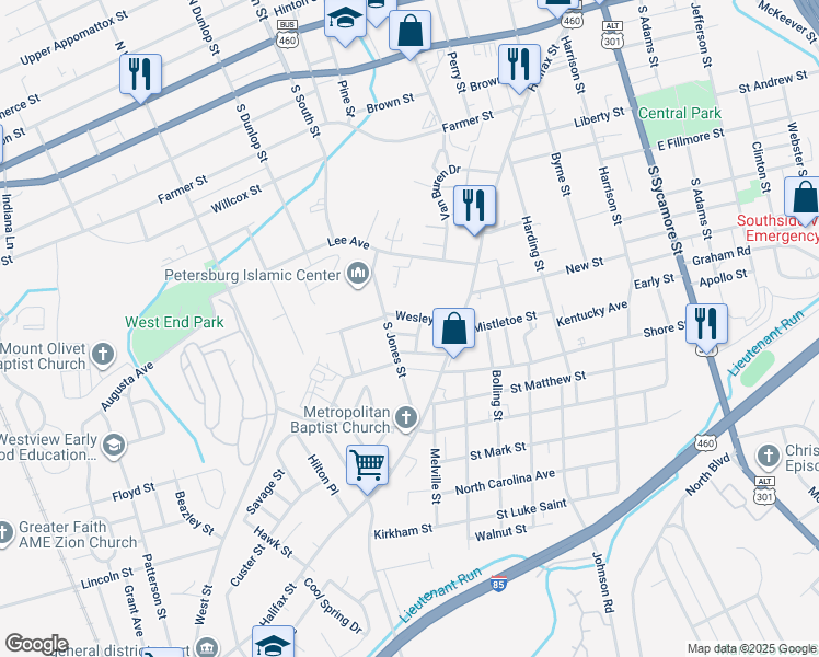 map of restaurants, bars, coffee shops, grocery stores, and more near 716 Wesley Street in Petersburg