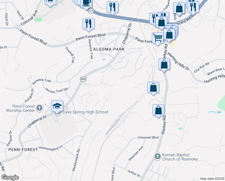 map of restaurants, bars, coffee shops, grocery stores, and more near 3439 Meadowlark Road in Roanoke
