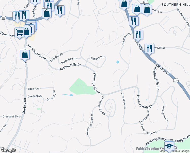 map of restaurants, bars, coffee shops, grocery stores, and more near Hunting Hills Drive in Roanoke