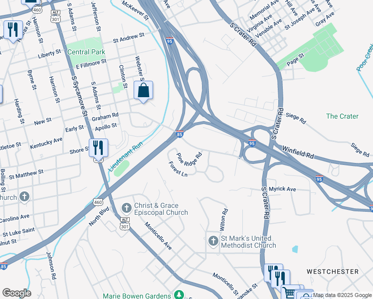map of restaurants, bars, coffee shops, grocery stores, and more near 442 Graham Road in Petersburg