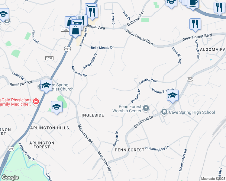 map of restaurants, bars, coffee shops, grocery stores, and more near 3786 Kenwick Trail in Cave Spring