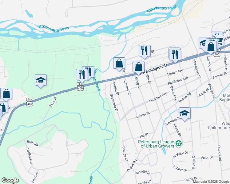 map of restaurants, bars, coffee shops, grocery stores, and more near 17 Seaboard Street in Petersburg