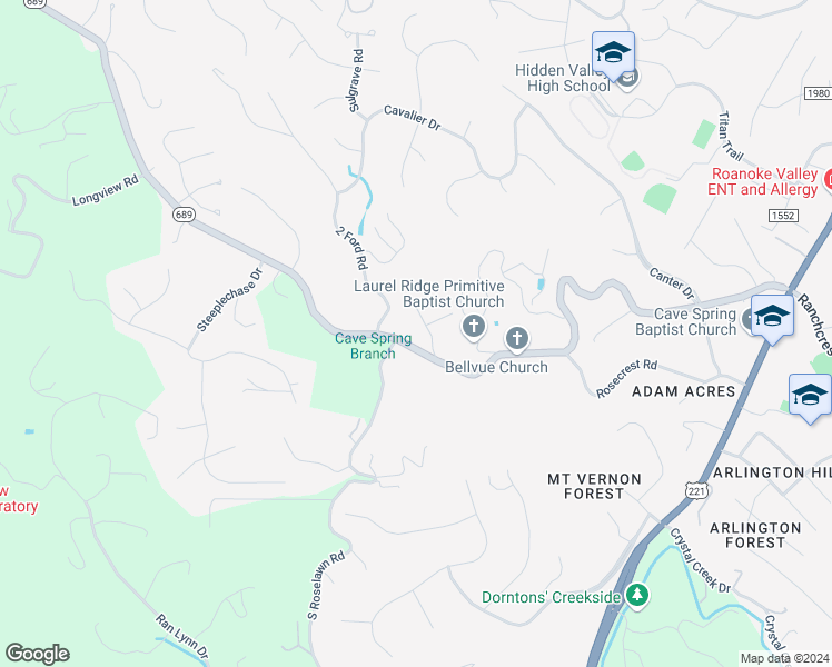 map of restaurants, bars, coffee shops, grocery stores, and more near 5737 Ivy Park Drive in Cave Spring