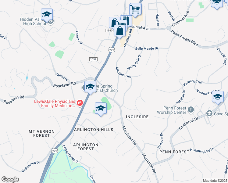 map of restaurants, bars, coffee shops, grocery stores, and more near 5218 Springlawn Avenue in Roanoke