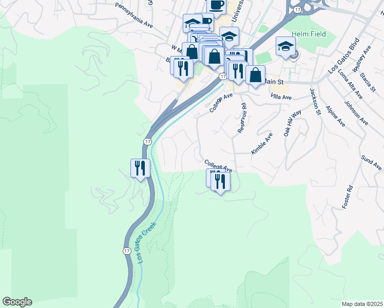 map of restaurants, bars, coffee shops, grocery stores, and more near 160 College Avenue in Los Gatos