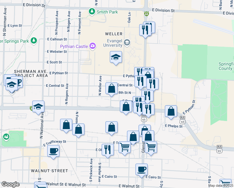 map of restaurants, bars, coffee shops, grocery stores, and more near 1620 East 8th Street North in Springfield