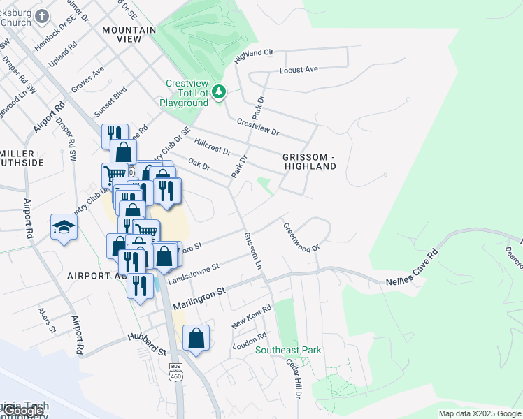 map of restaurants, bars, coffee shops, grocery stores, and more near 510 Sunrise Dr in Blacksburg