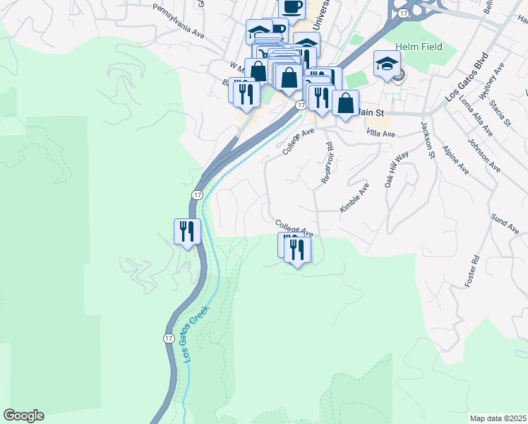 map of restaurants, bars, coffee shops, grocery stores, and more near 178 College Avenue in Los Gatos