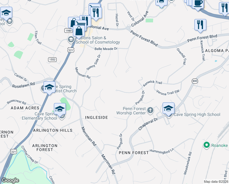 map of restaurants, bars, coffee shops, grocery stores, and more near 3778-3784 Kenwick Trail in Cave Spring