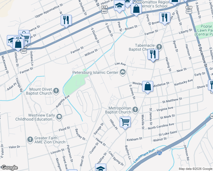 map of restaurants, bars, coffee shops, grocery stores, and more near 657 Pegram Street in Petersburg