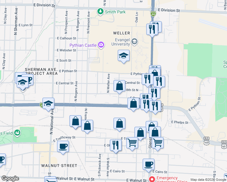map of restaurants, bars, coffee shops, grocery stores, and more near 1519 E Brower St in Springfield