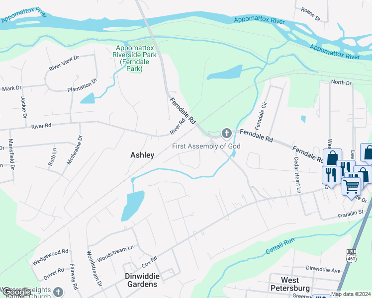 map of restaurants, bars, coffee shops, grocery stores, and more near 25008 Pinecroft Road in Petersburg