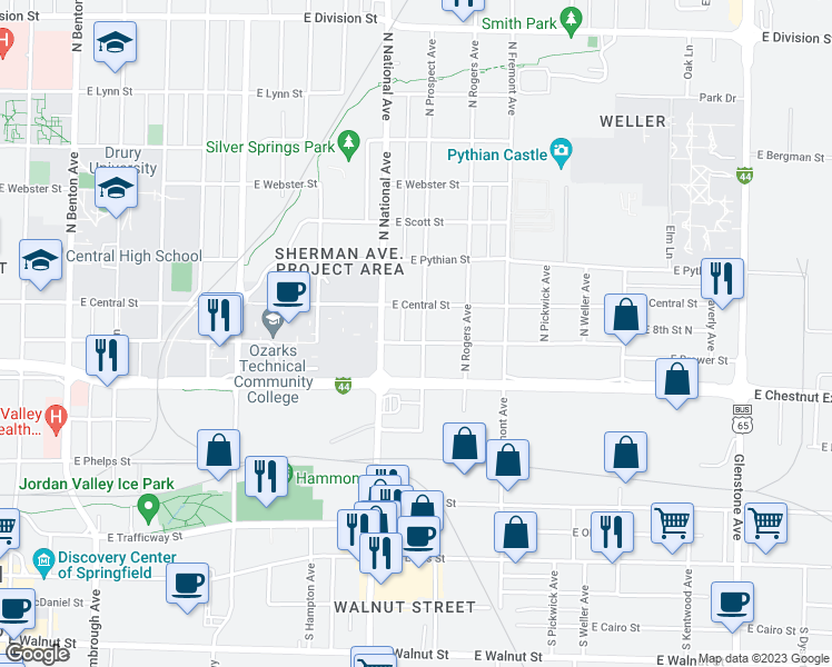 map of restaurants, bars, coffee shops, grocery stores, and more near 807 North Prospect Avenue in Springfield