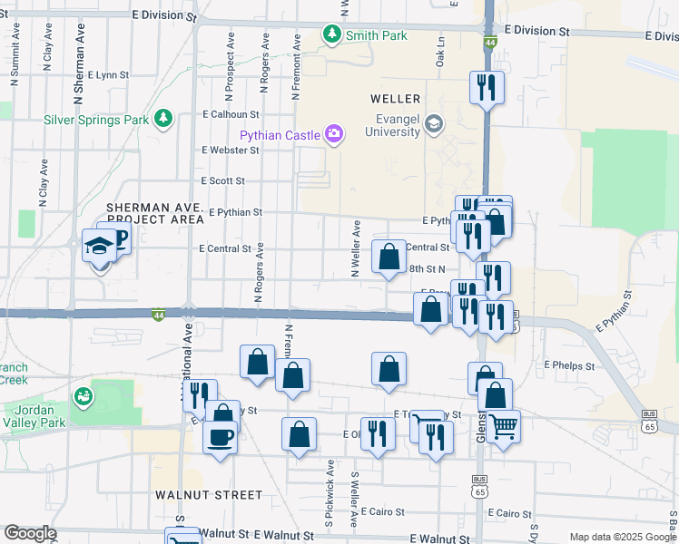 map of restaurants, bars, coffee shops, grocery stores, and more near 1467 East Brower Street in Springfield
