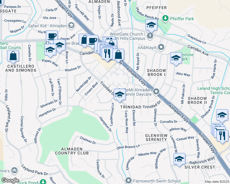 map of restaurants, bars, coffee shops, grocery stores, and more near 1122 Hearth Court in San Jose
