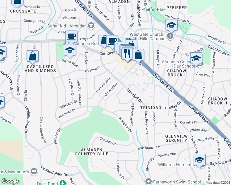 map of restaurants, bars, coffee shops, grocery stores, and more near 1153 Old Oak Drive in San Jose