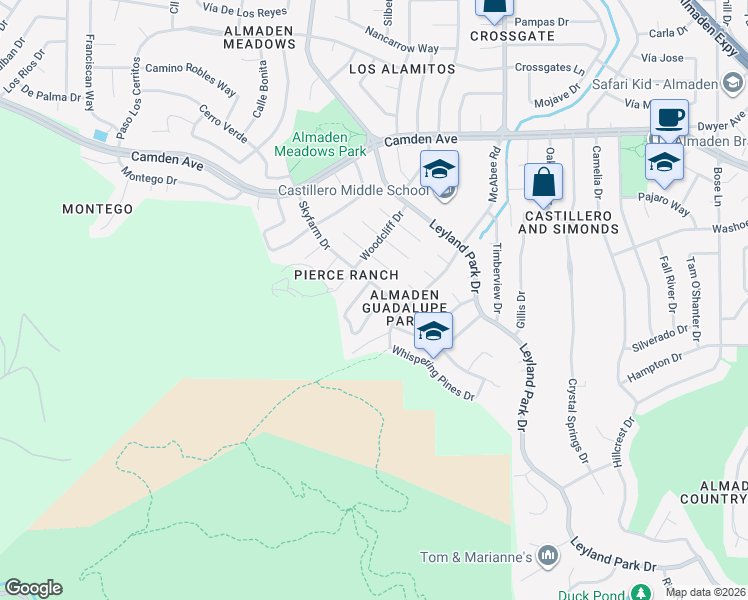 map of restaurants, bars, coffee shops, grocery stores, and more near 6574 Broadacres Drive in San Jose