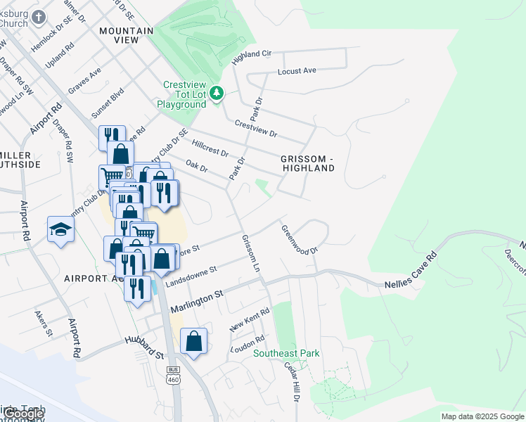 map of restaurants, bars, coffee shops, grocery stores, and more near 510 Sunrise Dr in Blacksburg