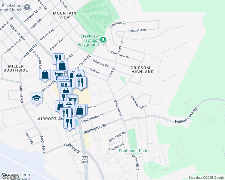 map of restaurants, bars, coffee shops, grocery stores, and more near 1408-1410 Grissom Ln in Blacksburg